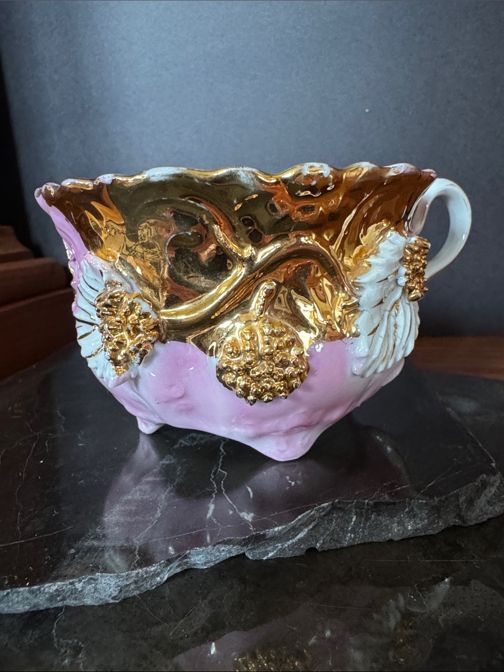 Vintage German Victorian Lustreware Ornate 3-D Pink & Gold Tea Cup